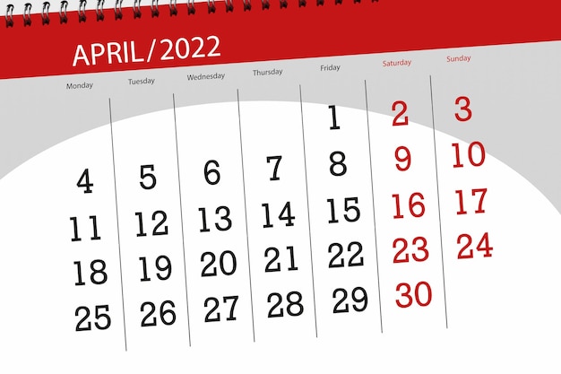 Calendar planner for the month april 2022 deadline day