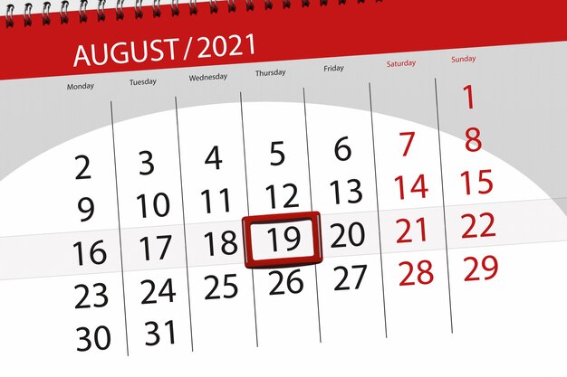 Calendar planner for the month august 2021, deadline day, 19, thursday.