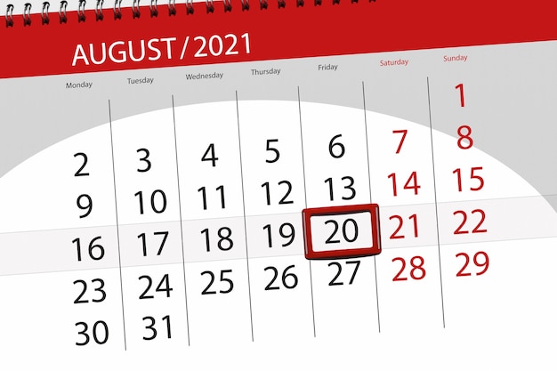 Calendar planner for the month august 2021, deadline day, 20, friday.