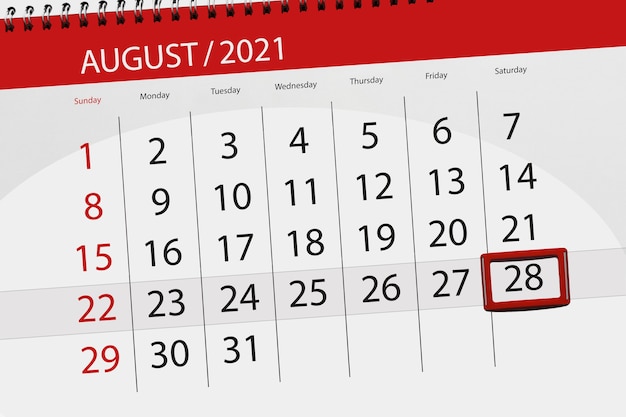 Calendar planner for the month august 2021, deadline day, 28, saturday.