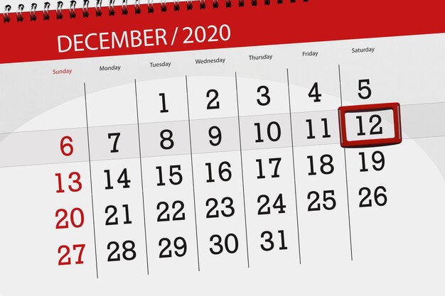 Calendar planner for the month december 2020, deadline day, 12, saturday.