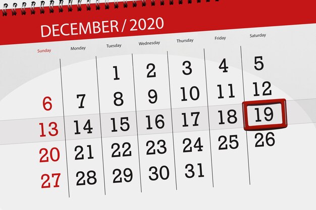 Calendar planner for the month december 2020, deadline day, 19, saturday.