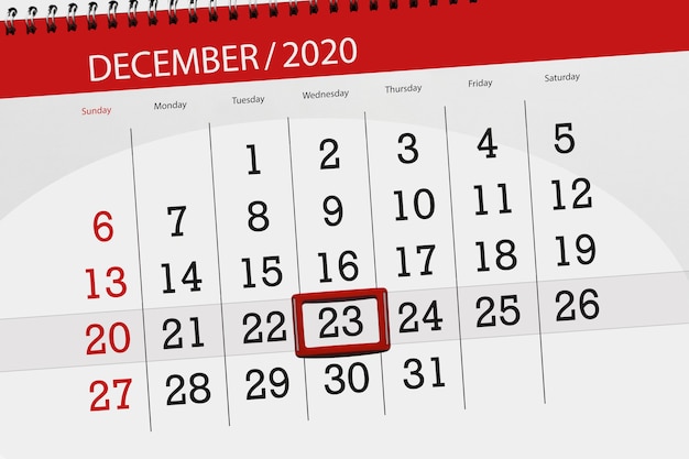 Calendar planner for the month december 2020, deadline day, 23, wednesday.