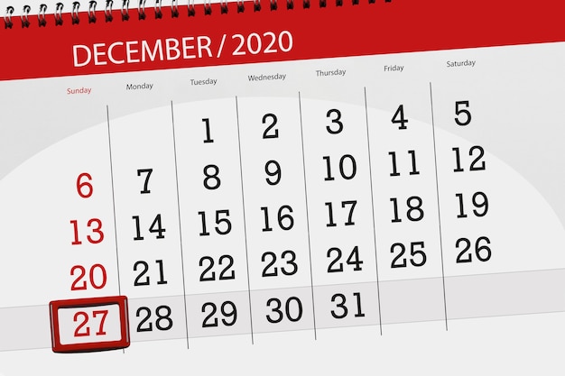 Calendar planner for the month december 2020, deadline day, 27, sunday.