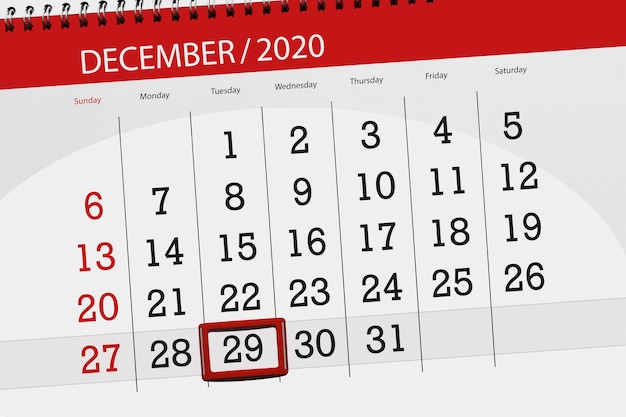 Calendar planner for the month december 2020, deadline day, 29, tuesday.