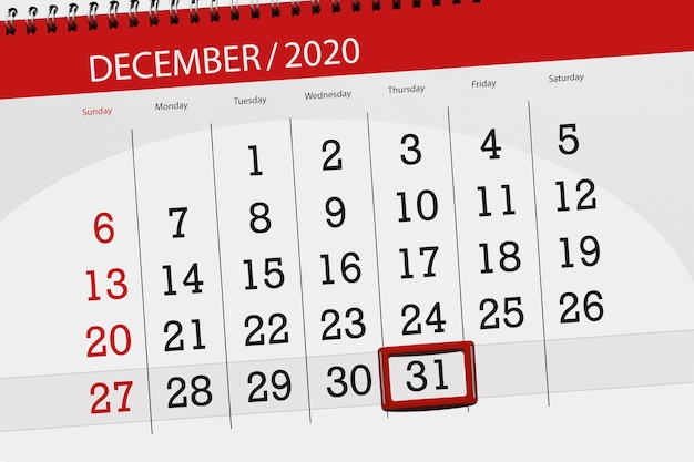 Calendar planner for the month december 2020, deadline day, 31, thursday.