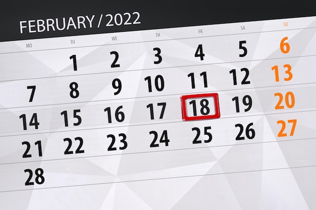 2022年2月の月のカレンダープランナー、締め切り日、18、金曜日。