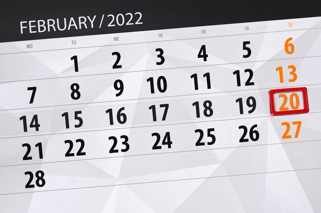 Calendario planner per il mese di febbraio 2022, giorno di scadenza, 20, domenica.