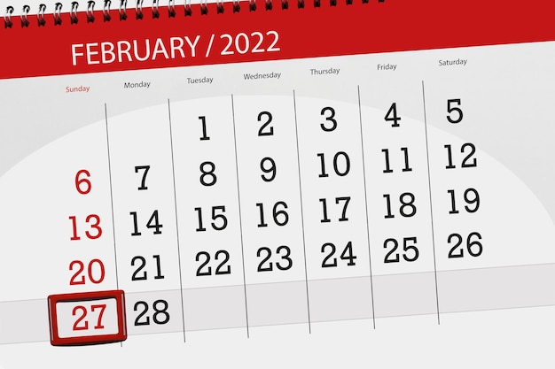 2022年2月の月のカレンダープランナー、締め切り日、27日、日曜日。