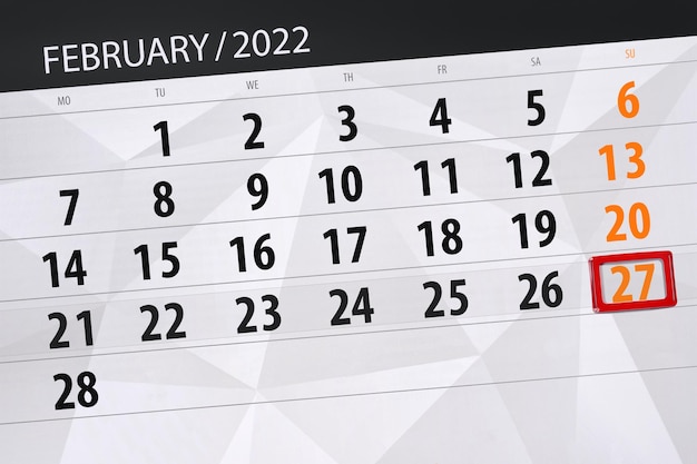 2022年2月の月のカレンダープランナー、締め切り日、27日、日曜日。