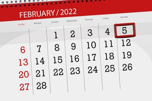 2022年2月の月のカレンダープランナー、締め切り日、5、土曜日。