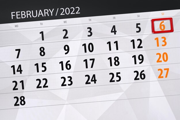 2022年2月の月のカレンダープランナー、締め切り日、6、日曜日。