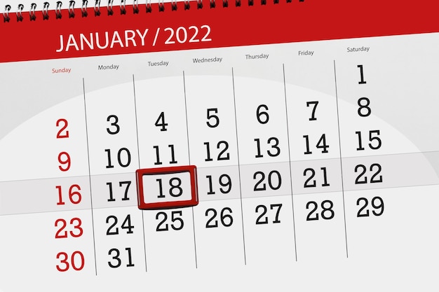 2022年1月の月のカレンダープランナー、締め切り日、18、火曜日。