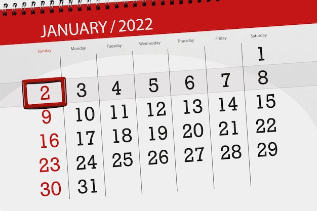 Calendar planner for the month january 2022, deadline day, 2, sunday.