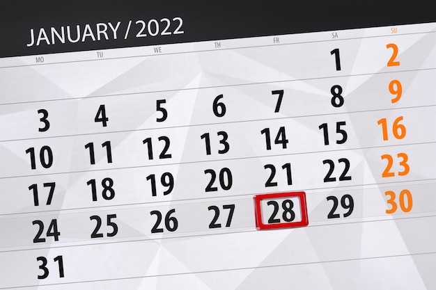 Pianificatore del calendario per il mese gennaio 2022, giorno di scadenza, 28, venerdì.