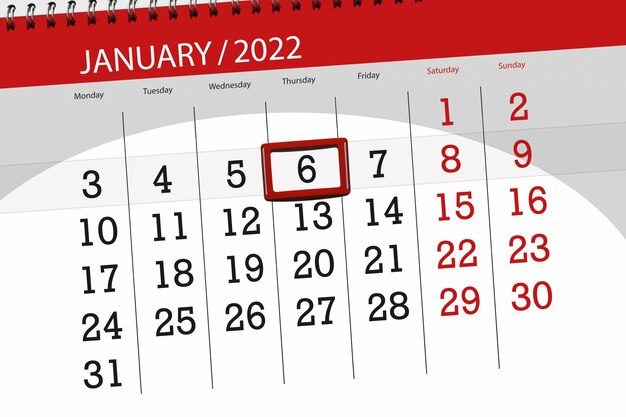 2022年1月の月のカレンダープランナー、締め切り日、6、木曜日。