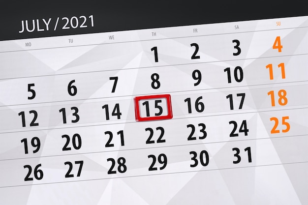 Calendar planner for the month july 2021, deadline day, 15, thursday.