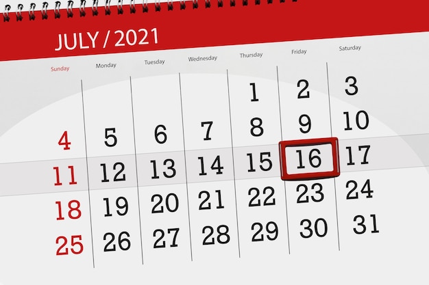 Calendar planner for the month july 2021, deadline day, 16, friday.