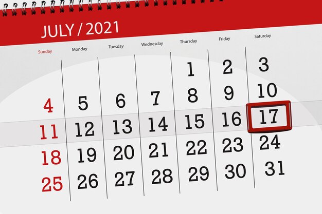 Calendar planner for the month july 2021, deadline day, 17, saturday.