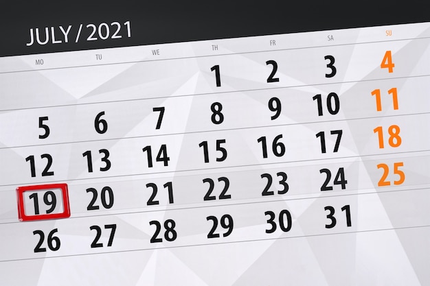 2021년 7월의 캘린더 플래너, 마감일, 19, 월요일.