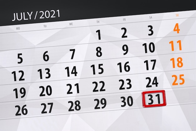 2021년 7월 달력 플래너, 마감일, 31일, 토요일.