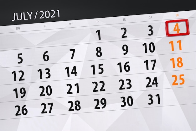 Calendar planner for the month july 2021, deadline day, 4, sunday.