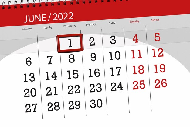 Calendar planner for the month june 2022 deadline day 1 wednesday