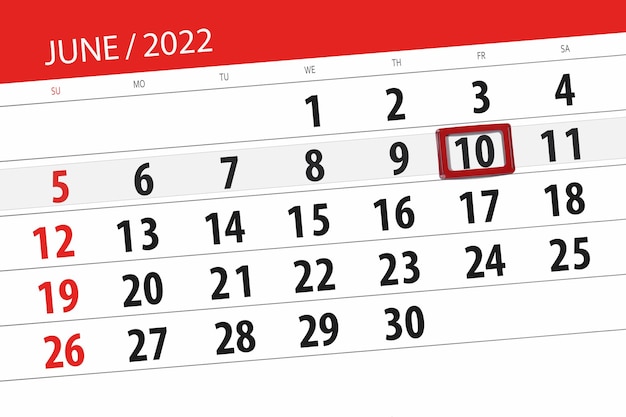 2022年6月の月のカレンダープランナー締め切り日10金曜日