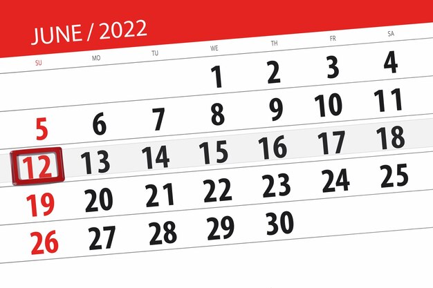 2022年6月の月のカレンダープランナー締め切り日12日曜日