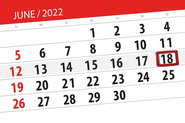 2022年6月の月のカレンダープランナー締め切り日18土曜日