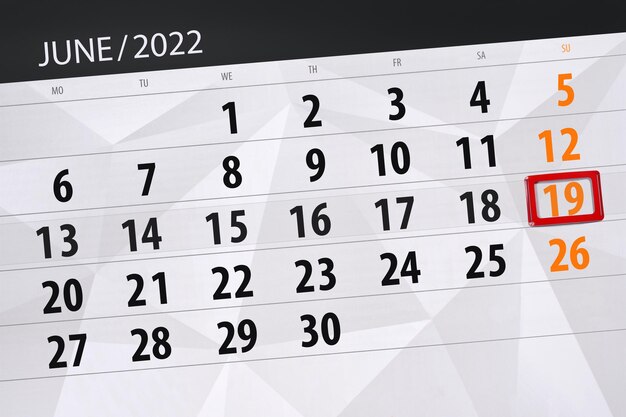 Calendario planner per il mese di giugno 2022 scadenza giorno 19 domenica