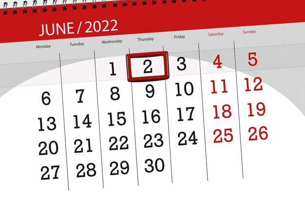 Calendar planner for the month june 2022 deadline day 2 thursday