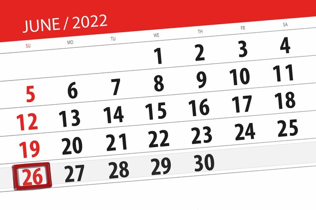 2022年6月の月のカレンダープランナー締め切り日26日曜日