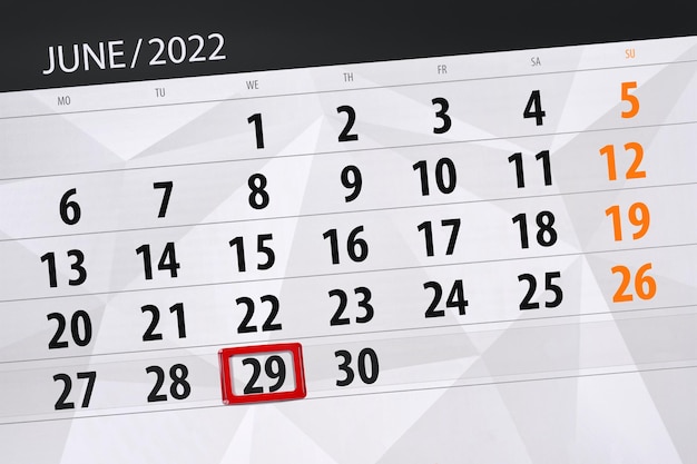 캘린더 플래너 2022년 6월 마감일 29일 수요일