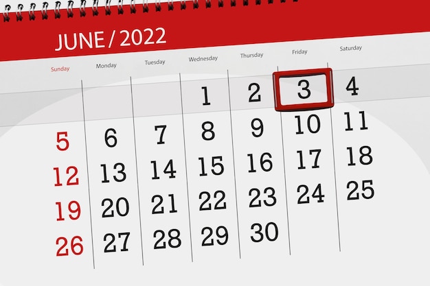 Calendar planner for the month june 2022 deadline day 3 friday