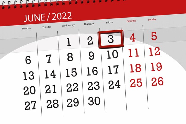 Calendar planner for the month june 2022 deadline day 3 friday