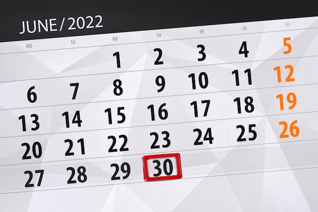 2022年6月の締め切り日30木曜日のカレンダープランナー