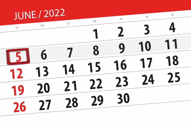 2022年6月の月のカレンダープランナー締め切り日5日曜日