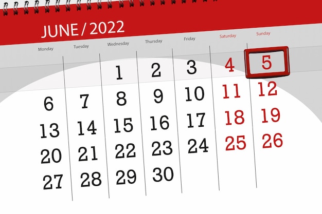 2022年6月の月のカレンダープランナー締め切り日5日曜日