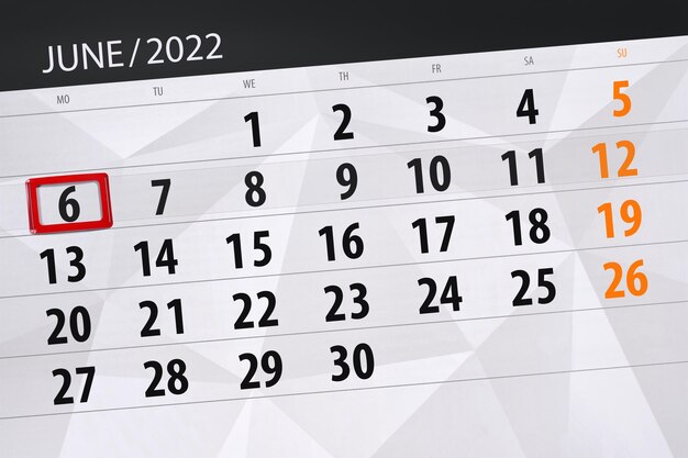 Calendar planner for the month june 2022 deadline day 6 monday