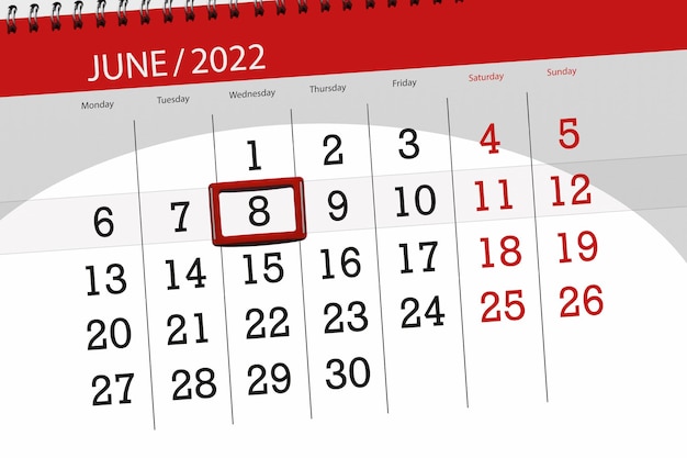 Calendario planner per il mese di giugno 2022 scadenza giorno 8 mercoledì