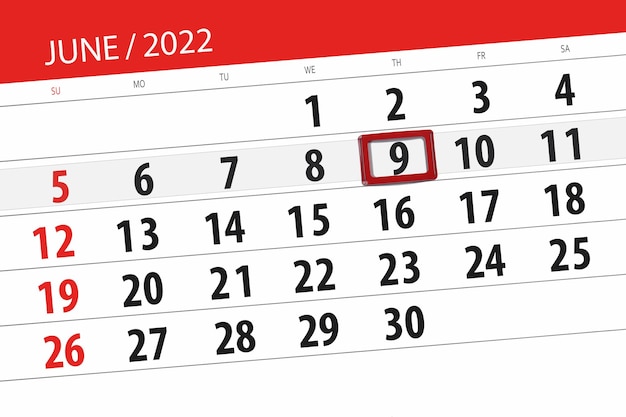 Calendario planner per il mese di giugno 2022 scadenza giorno 9 giovedì