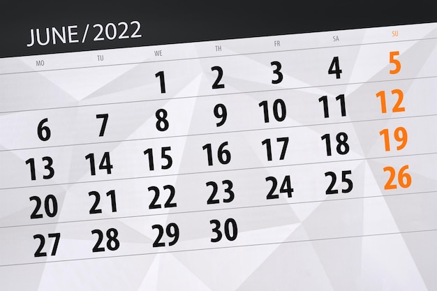 Calendario planner per il mese di giugno 2022 giorno di scadenza