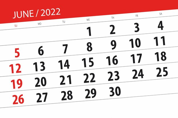 2022年6月の締め切り日のカレンダープランナー