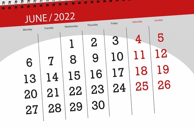 Calendario planner per il mese di giugno 2022 giorno di scadenza