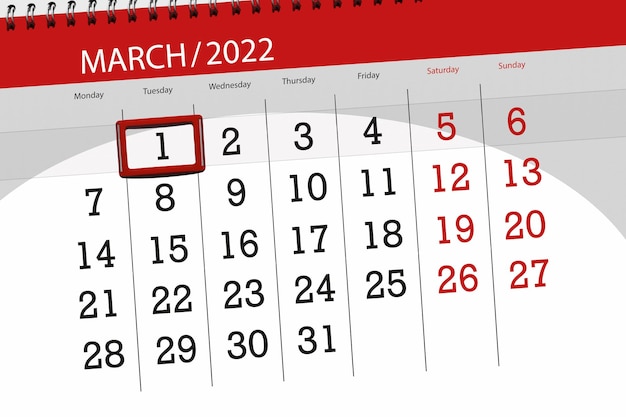 Calendario planner per il mese di marzo 2022, giorno di scadenza, 1, martedì.