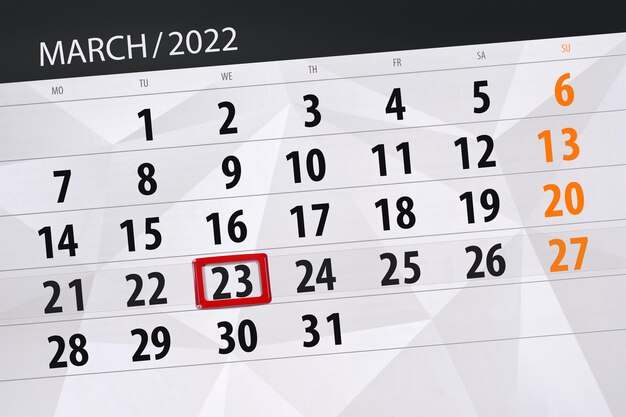 캘린더 플래너 2022년 3월 마감일 23 수요일