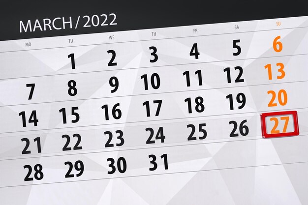 2022年3月の月のカレンダープランナー締め切り日27日曜日