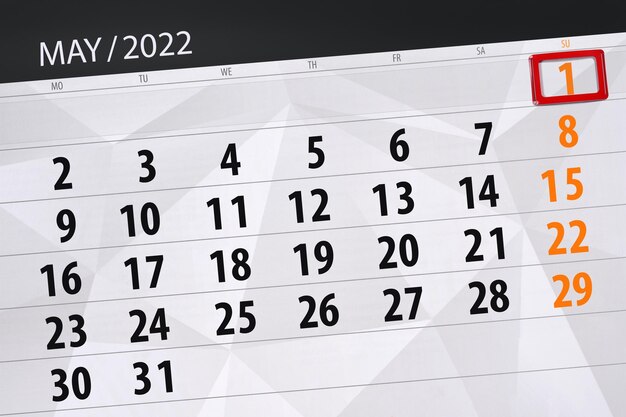 Calendar planner for the month may 2022 deadline day 1 sunday