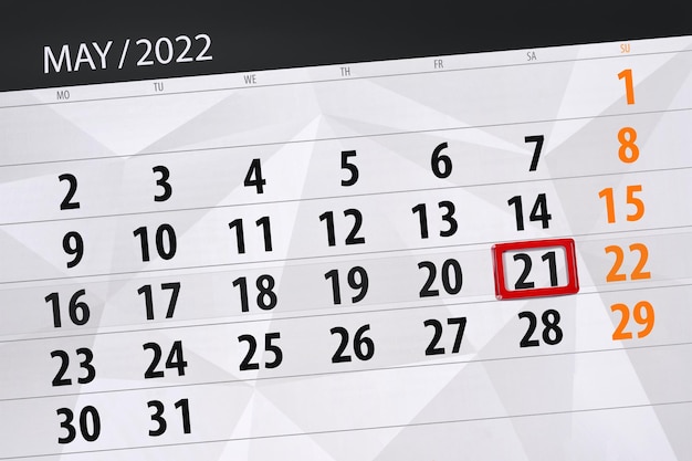 Calendario planner per il mese di maggio 2022 scadenza giorno 21 sabato